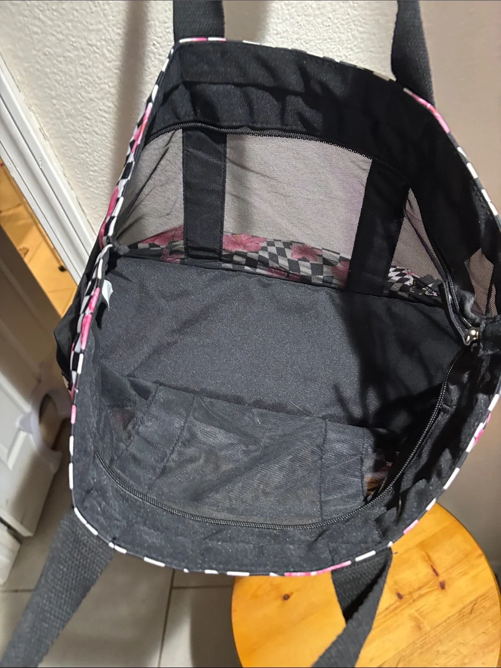 Black Tote Bag with Pink Floral Checker Trim